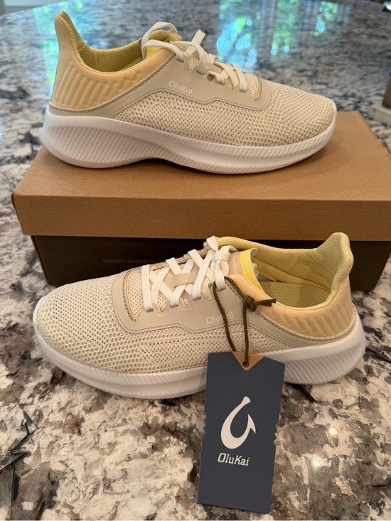 OluKai Shoes - OluKai Cream Knit Sneakers with Pale Yellow Collar
